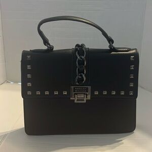 Badgley Mischeka-Vegan leather, black, studded, chain turn lock handbag.
